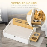 PawHut Cama de Madeira para Cães Gatos Sofá para Animais de Estimação Médios e Pequenos com Comedouro 2 Tigelas Almofada Acolchoada 100x56x39cm Natural e Branco(m-6)