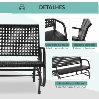 Outsunny Banco Baloiço de Vime de 2 Lugares Baloiço de Jardim com Balanço Ergonómico e Estrutura de Metal para Terraço Balcão Exterior Carga 220kg 70x120x84cm Preto(m-6)