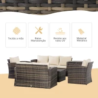 Outsunny Conjunto de Móveis de Jardim de Vime 6 Peças Sofá Duplo de 3 Lugares 2 Poltronas Individuais 2 Mesas Auxiliares com Armazenamento e Almofadas Marrom e Creme(m-4)
