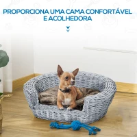 PawHut Cama para Cães de Vime Cama de Vime para Gatos Cães com Almofada Lavável 57x46x17,5cm Cinza(m-8)
