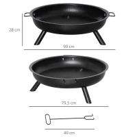Outsunny Braseiro Exterior 90x79,5x28 cm com Tigela com Alças de Transporte Atiçador 3 Pés e Estrutura de Aço para Fogueiras Lenhas Terraço Jardim ao Ar Livre Preto(m-3)