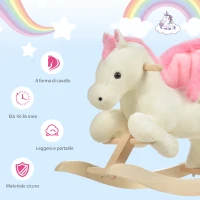 HOMCOM Cavallo a Dondolo Bianco e Rosa con Suoni e Struttura in Legno di Pioppo per Bambini 18-36 Mesi, 70x28x57cm(m-7)