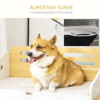PawHut Cama de Madeira para Cães Gatos Sofá para Animais de Estimação Médios e Pequenos com Comedouro 2 Tigelas Almofada Acolchoada 100x56x39cm Natural e Branco(m-5)