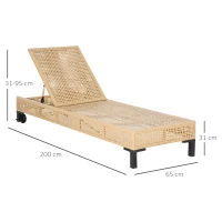 Outsunny Espreguiçadeira de Vime de Jardim Chaise Longue com Encosto Ajustável em 3 Posições Almofada Acolchoada e 2 Rodas para Terraço Exterior Aço 65x200x31cm Natural e Bege(m-3)