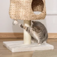 PawHut Árvore Arranhador para Gatos Pequena Altura 66cm Torre de Escalada para Gatos com Caverna de Junco Cama Superior Almofadas Poste Arranhador de Sisal e Bola Suspensa Creme e Natural(m-9)