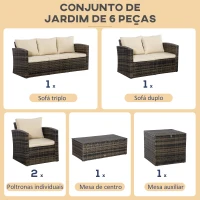 Outsunny Conjunto de Móveis de Jardim de Vime 6 Peças Sofá Duplo de 3 Lugares 2 Poltronas Individuais 2 Mesas Auxiliares com Armazenamento e Almofadas Marrom e Creme(m-6)