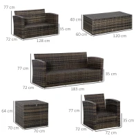 Outsunny Conjunto de Móveis de Jardim de Vime 6 Peças Sofá Duplo de 3 Lugares 2 Poltronas Individuais 2 Mesas Auxiliares com Armazenamento e Almofadas Marrom e Creme(m-3)