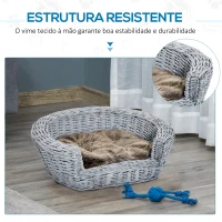 PawHut Cama para Cães de Vime Cama de Vime para Gatos Cães com Almofada Lavável 57x46x17,5cm Cinza(m-5)
