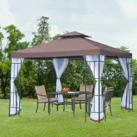 Outsunny Pérgola de Jardim 3x3m Pérgola para Exterior com Duplo Teto de Ventilação 4 Telas Mosquiteiras Laterais Removíveis e Estrutura de Aço com Proteção Solar para Festas Eventos Café(m-2)