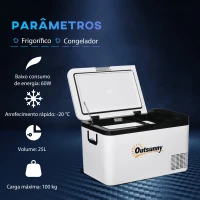 Outsunny Geleira Elétrica de Compressor 25L Portátil até -20℃ com Luz LED e Alças Dobráveis Geleira de Carro 12V/24V e 240V para Casa Campismo Viagem 58,5x33,5x35,2cm Branco(m-4)