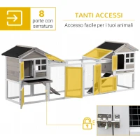 PawHut Conigliera in Legno da Esterno con 2 Casette, Area Aperta Recintata e Rampe, 259x64x92cm, Grigio(m-4)