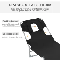 Outsunny Espreguiçadeira de Jardim Reclinável e Dobrável com Orifício de Leitura Apoio para Cabeça e Encosto Ajustável em 4 Níveis para Praia 182x56x24,5 cm Preto(m-4)