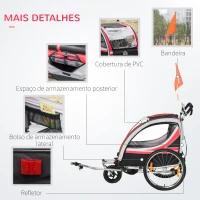 HOMCOM Reboque de Bicicleta para Crianças Min.18 Meses 2 em 1 Carrinho de Passeio de 2 Lugares Segurança 142x75x101 cm Vermelho(m-7)