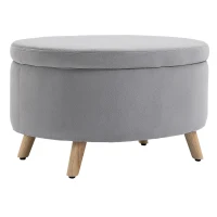 HOMCOM bank gestoffeerde bank met opbergruimte ovale vorm moderne kruk hal slaapkamer woonkamer fluweelzacht polyester rubber hout lichtgrijs 71 x 51,5 x 42 cm(m-1)