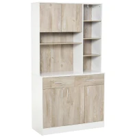 HOMCOM keukenkast met 4 verstelbare schappen open vakken magnetronschap hoge kast met lage opbergkast en 2 schuiflades commode spaanplaat metaal naturel hout + wit 100 x 39 x 180 cm(m-1)