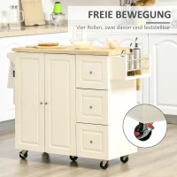 HOMCOM keukenwagen keukeneiland met werkblad zwenkwielen lade en verstelbare plank keukenkast rubber hout MDF wit + naturel 111,5 x 45-75 x 89 cm(m-6)