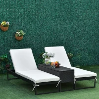 Outsunny driedelige set ligbed met verstelbare rugleuning ligbank tuin theetafel vlamvertragende bekleding metaal PE rotan polyester zwart + crèmewit 195 x 60 x 86 cm(m-10)