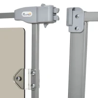 PawHut Barrera de Seguridad de Perros Extensible para Escaleras y Puertas 74-105 cm con 2 Extensiones de Acero 10/15 cm Puerta Acrílica y Cierre Automático Altura 76,2 cm Gris(m-9)