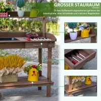 Outsunny plantentafel met schuiflade, 2 niveaus tuintafel met gootsteen en wielen, tuin, dennenhout bruin 92 x 45 x 119 cm(m-5)