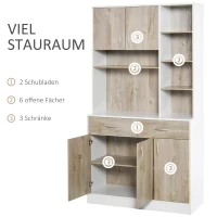 HOMCOM keukenkast met 4 verstelbare schappen open vakken magnetronschap hoge kast met lage opbergkast en 2 schuiflades commode spaanplaat metaal naturel hout + wit 100 x 39 x 180 cm(m-4)