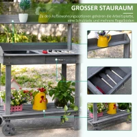 Outsunny plantentafel met schuiflade, 2 niveaus tuintafel met gootsteen en wielen, tuin, dennenhout grijs 92 x 45 x 119 cm(m-5)