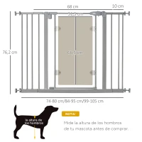 PawHut Barrera de Seguridad de Perros Extensible para Escaleras y Puertas 74-105 cm con 2 Extensiones de Acero 10/15 cm Puerta Acrílica y Cierre Automático Altura 76,2 cm Gris(m-3)