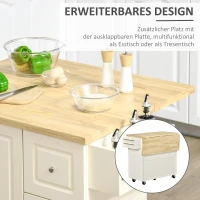 HOMCOM keukenwagen keukeneiland met werkblad zwenkwielen lade en verstelbare plank keukenkast rubber hout MDF wit + naturel 111,5 x 45-75 x 89 cm(m-5)