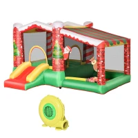 Outsunny kerstmis opblaasbaar springkasteel met waterbassin trampoline kleine glijbaan voor 3 kinderen springkasteel met blazer voor 3-8 jaar kleuterschool Oxford stof polyester rood + groen 325 x 270 x 175 cm(m-11)