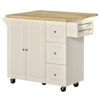 HOMCOM keukenwagen keukeneiland met werkblad zwenkwielen lade en verstelbare plank keukenkast rubber hout MDF wit + naturel 111,5 x 45-75 x 89 cm(m-11)