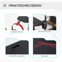HOMCOM Gamingtafel bureau met koptelefoonhaak bekerhouder R-vormige computertafel MDF metaal zwart + rood 120 x 58 x 75 cm(m-6)