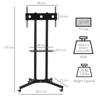 HOMCOM verrijdbaar tv-meubel met wielen universele verrijdbare trolley Tv-meubel met verstelbare hoogte ultra stabiele beugel tv-tafel metaal zwart 85,5 x 73 x 170 cm(m-3)