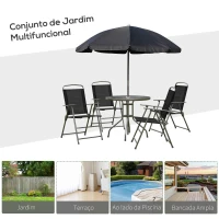 Outsunny Conjunto de Jardim Refeição 6 Peças com 4 Cadeiras Dobráveis 1 Mesa com Bancada de Vidro e 1 Chapéu de Sol Preto(m-5)