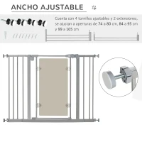 PawHut Barrera de Seguridad de Perros Extensible para Escaleras y Puertas 74-105 cm con 2 Extensiones de Acero 10/15 cm Puerta Acrílica y Cierre Automático Altura 76,2 cm Gris(m-6)