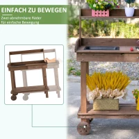 Outsunny plantentafel met schuiflade, 2 niveaus tuintafel met gootsteen en wielen, tuin, dennenhout bruin 92 x 45 x 119 cm(m-4)