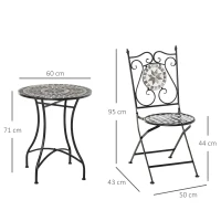 Outsunny tuinset 3-delige mozaïektafel eetgroep tuinmeubelset 1 tafel + 2 opklapbare stoelen terras metaal meerkleurig(m-3)