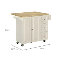 HOMCOM keukenwagen keukeneiland met werkblad zwenkwielen lade en verstelbare plank keukenkast rubber hout MDF wit + naturel 111,5 x 45-75 x 89 cm(m-3)