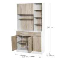 HOMCOM keukenkast met 4 verstelbare schappen open vakken magnetronschap hoge kast met lage opbergkast en 2 schuiflades commode spaanplaat metaal naturel hout + wit 100 x 39 x 180 cm(m-3)