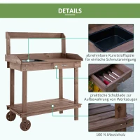 Outsunny plantentafel met schuiflade, 2 niveaus tuintafel met gootsteen en wielen, tuin, dennenhout bruin 92 x 45 x 119 cm(m-6)