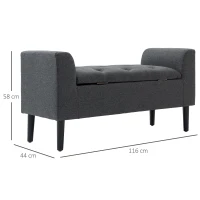 HOMCOM bank met opbergruimte gestoffeerde bank ottoman ottoman belastbaar tot 130 kg nachtkastje linnen-achtig polyester rubber hout donkergrijs + zwart 116 x 44 x 58 cm(m-3)