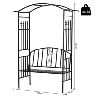 Outsunny plantenboog met bank zitbank boog trellis rooster tuin gewelfd dak metaal zwart 152 x 58 x 207 cm(m-3)