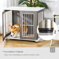 PawHut 2 in 1 design hondenbench hondenhok hondentransportbox opvouwbare bijzettafel hondenhok met raam huisdier verstelbare voetsteunen spaanplaat grijs + wit 85 x 55 x 75 cm(m-6)