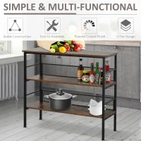 HOMCOM 3-Tier Industrial Style Storage Display Shelf Metal Frame Adjustable Feet Back Panels Smooth Surface Home Office Stylish Black Brown(m-4)