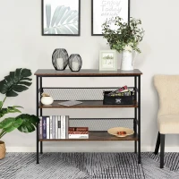 HOMCOM 3-Tier Industrial Style Storage Display Shelf Metal Frame Adjustable Feet Back Panels Smooth Surface Home Office Stylish Black Brown(m-10)
