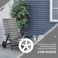 Outsunny Espreguiçadeira de vime para Jardim 192x74x55 cm com 7 Posições Encosto Reclinável Apoio de Braços e Rodas Estrutura de Alumínio para Varanda Cinza(m-6)