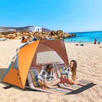 Outsunny Pop Up Beach Tent, Easy Set Up Sun Shelter, Portable Instant Beach Canopy w/ Extended Porch, Sandbags, Mesh Screen Windows and Carry Bag for 1-2 Person(m-12)
