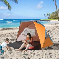 Outsunny Pop Up Beach Tent, Easy Set Up Sun Shelter, Portable Instant Beach Canopy w/ Extended Porch, Sandbags, Mesh Screen Windows and Carry Bag for 1-2 Person(m-2)