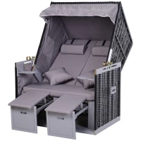 Outsunny Sdraio da Spiaggia Reclinabile a 2 Posti con Tettuccio Parasole e Cassetti, Grigio(m-10)