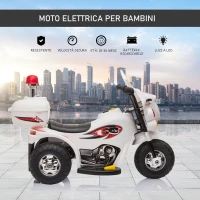 HOMCOM Moto Elettrica 6V per Bambini 18-36 Mesi con 3 Grandi Ruote, Luci e Suoni Realistici, Bianco, 80x35x52cm(m-6)