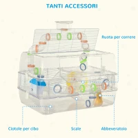 PawHut Gabbia per Criceti Multilivello con Tubi Φ6cm, Casetta per Criceti con Tetto apribile e Accessori Colorati in Plastica Trasparente 70L x 45P x 44Acm(m-5)