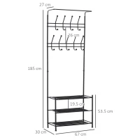 HOMCOM Coat Rack Stand Hall Tree Hallway Furniture with 18 Hooks 3-Tier Shoe Rack Metal Frame for Entryway Bedroom Living Room Black(m-3)